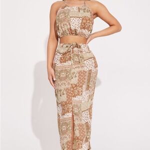 Iris Brown Patchwork Print Maxi Skirt with Front Slit